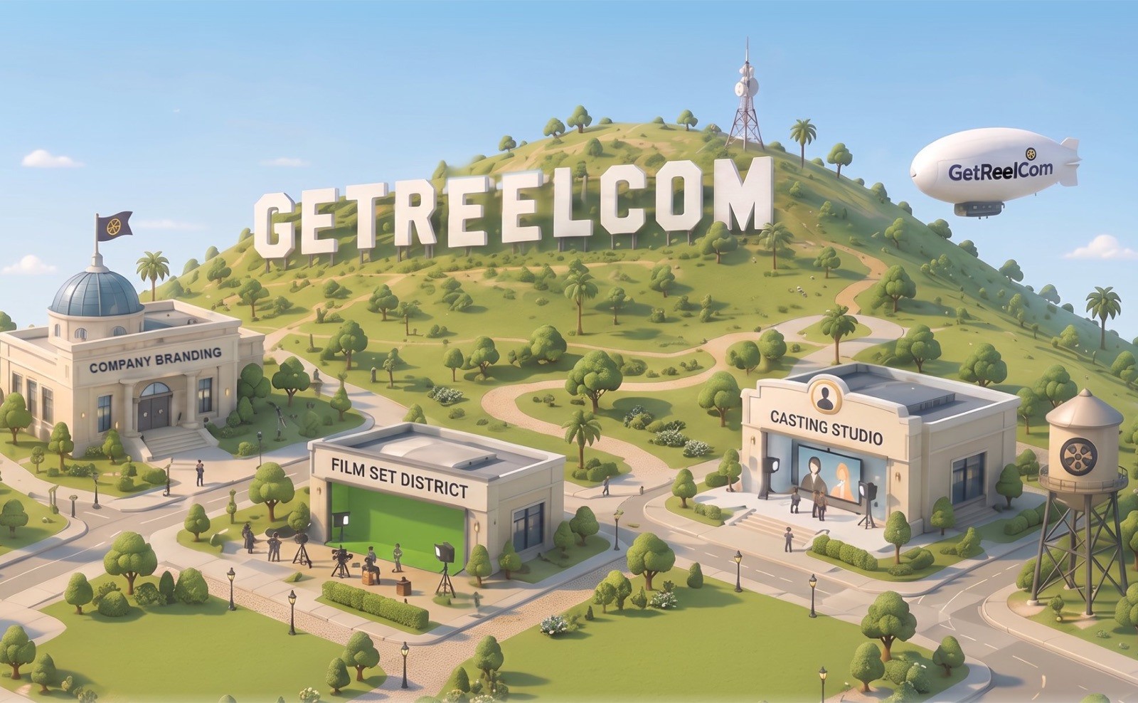 GetReelCom Park: a green hill with the hillside sign, a casting studio, a film-set district, a company-branding hall and a water tower with the reel on it