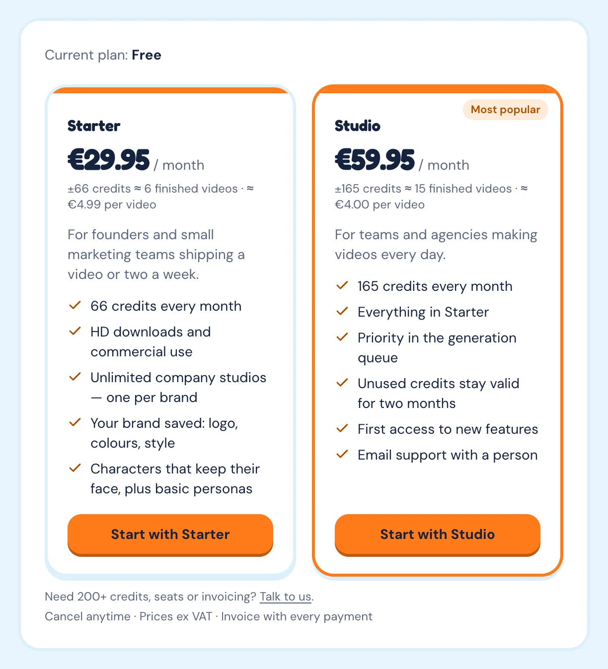 The Billing page: Current plan Free, then the Starter card at €29.95 a month with Start with Starter, and the Studio card at €59.95 a month with Start with Studio.