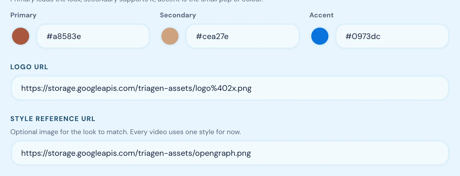 The colours section of the Brand tab: Primary, Secondary and Accent swatches with hex codes, then the Logo URL and Style reference URL fields.