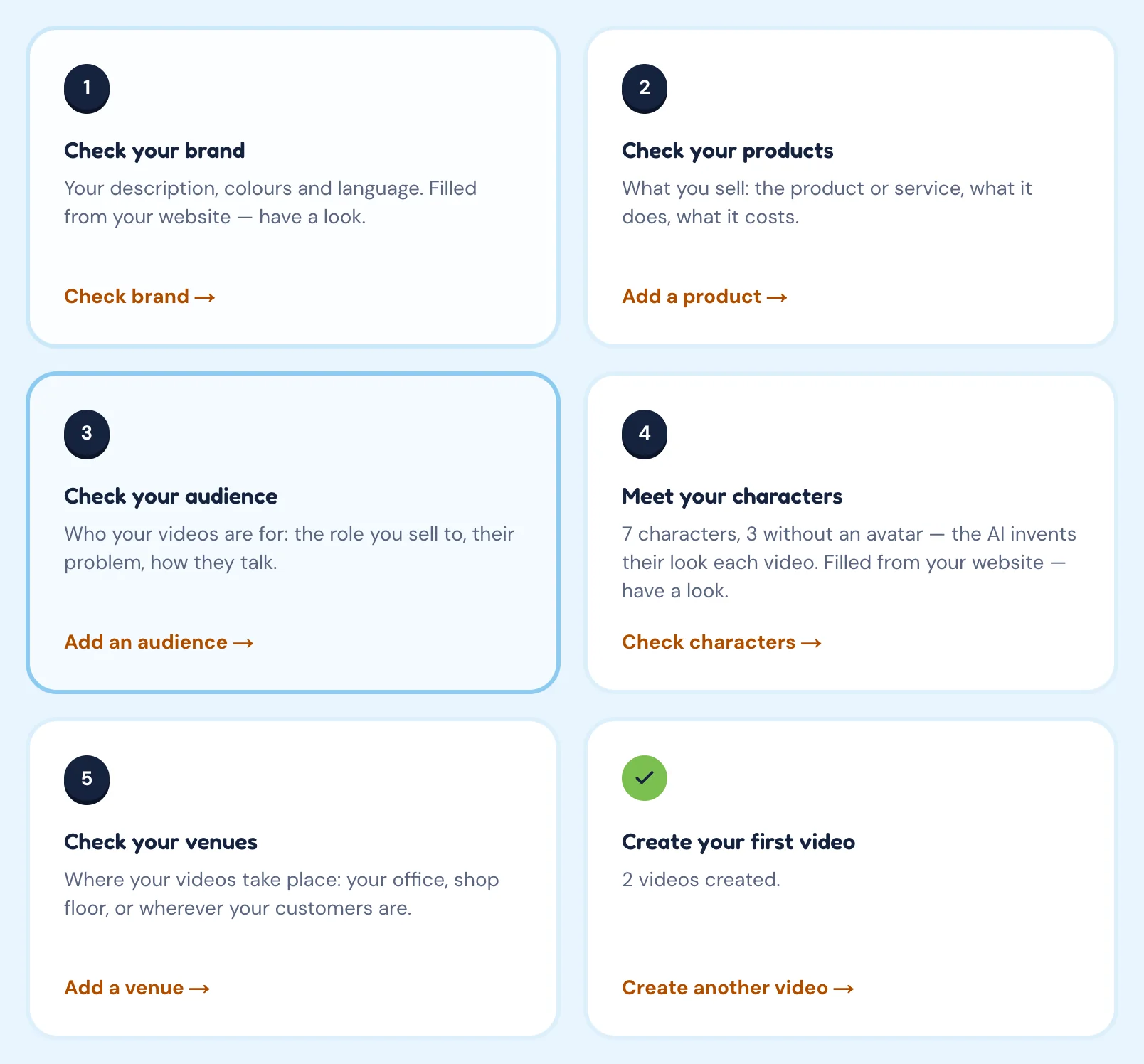 The project Overview checklist: numbered cards for Check your brand, Check your products, Check your audience, Meet your characters, Check your venues and Create your first video.