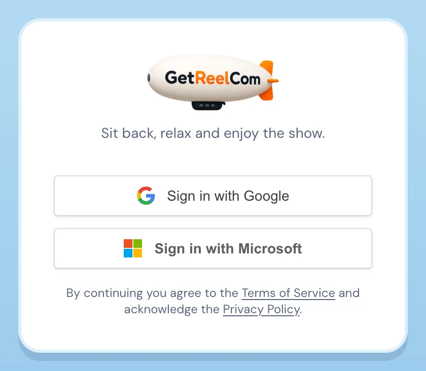The GetReelCom sign-in card with a Sign in with Google button and a Sign in with Microsoft button.