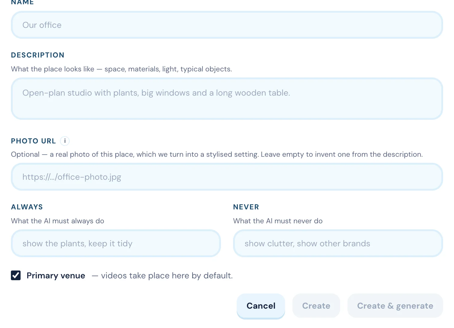 The Add a venue form: Name, Description, Photo URL, Always and Never fields, the Primary venue toggle, and the Create & generate button.