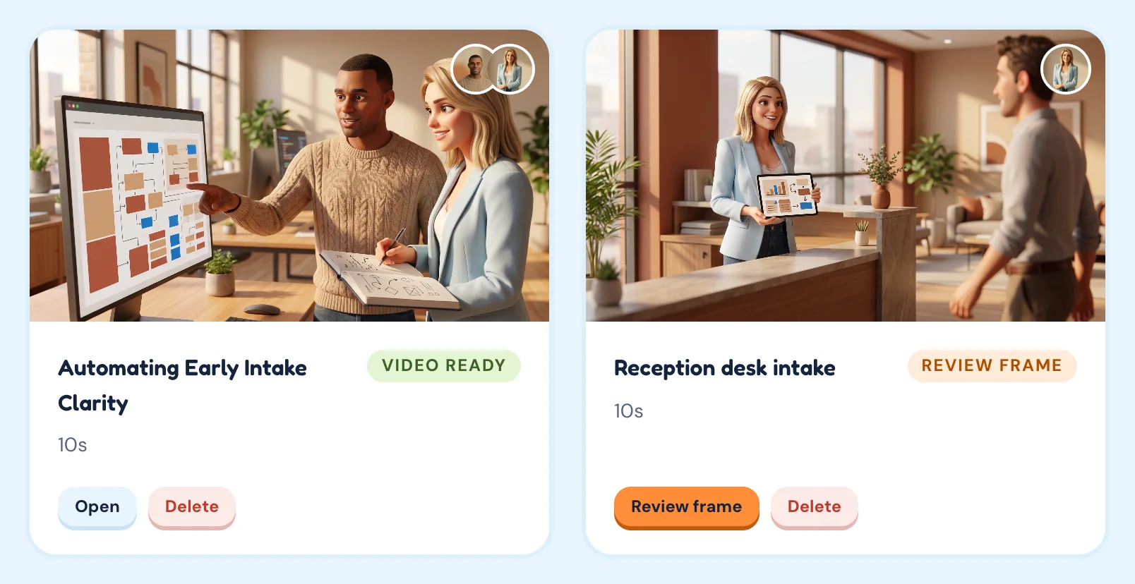 The Videos list with two cards: one with the status chip video ready and an Open button, one with review frame and a Review frame button.
