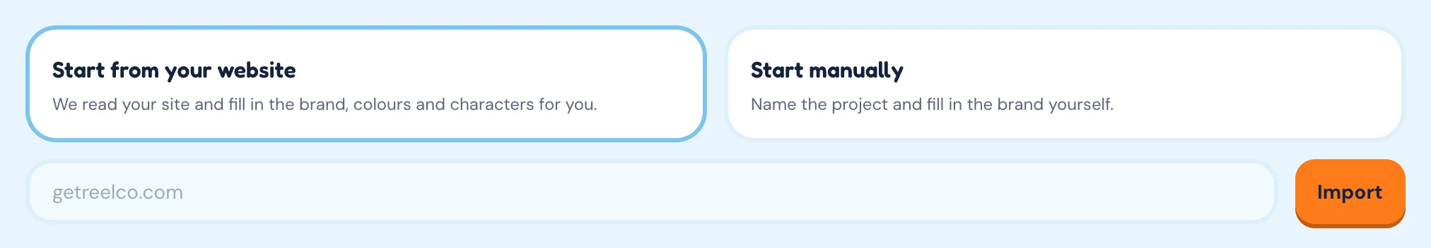 The Your projects screen: a Start from your website card, a Start manually card, and the website address field with an Import button.